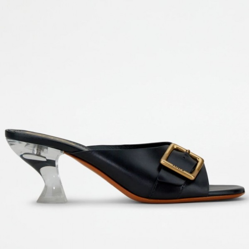 Tod's Black Leather Sandals With Resin Heel